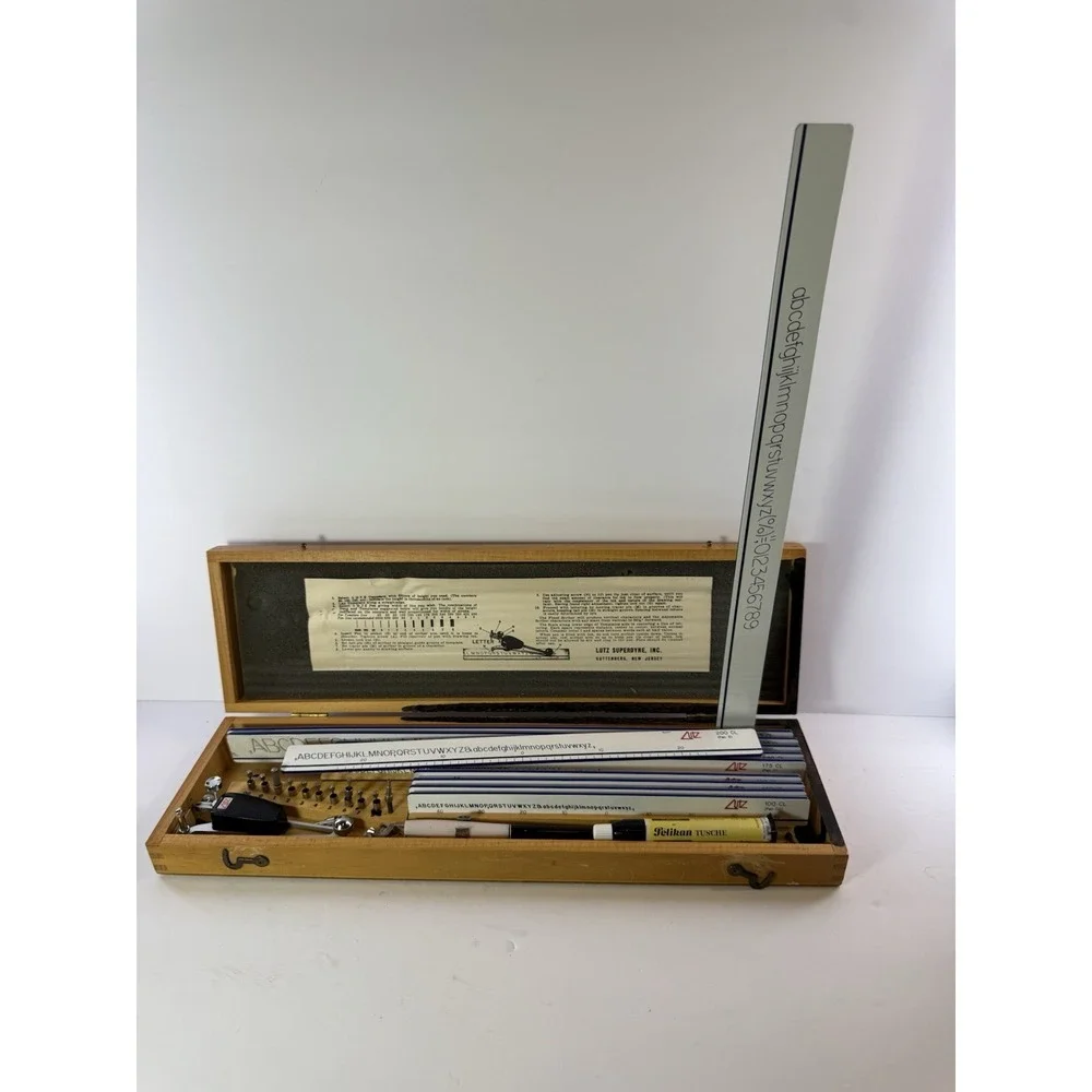 Vintage Lutz Superdyne Mechanical Lettering Drafting Template Set Complete Case